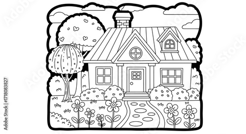 Quaint Country House with a Blooming Garden and Picket Fence Under a Sunny Sky with Clouds, Idyllic Home Scene