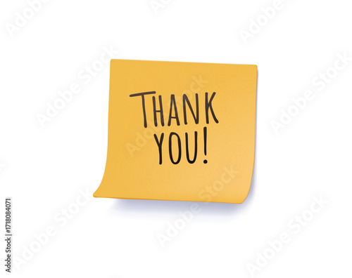 Thank you written on turquoise post it note on wall. Stickers attached tape. Color sheet of note paper with curled corner, thank you message. 3D vector illustration