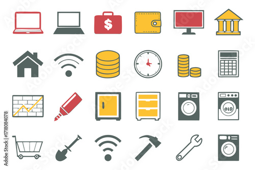 Business And Technology Icons With Color Keywords: business, technology, icons, set, laptop