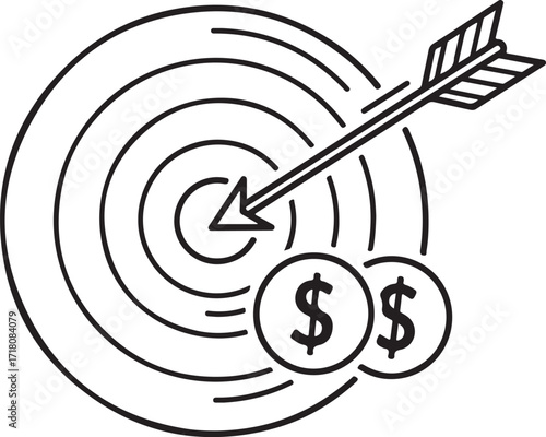 Target with arrow and dollar coins bullseye dart