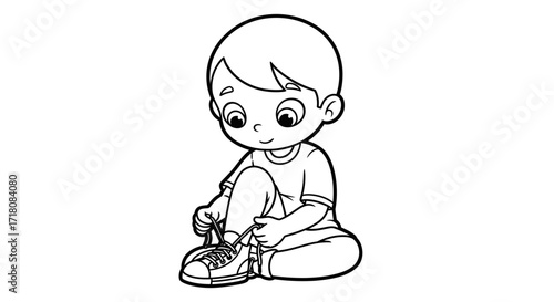 Little Boy Tying Shoelaces While Sitting on an Isolated White Background, Learning to Dress