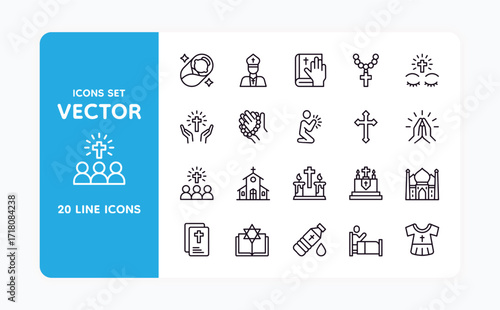 Religion pictograms. Synagogue rabbi. Faith dove or Islam religious mosque. Catholic David church. Jesus cathedral candles. Prayers community. Spiritual worship. Vector line icons set