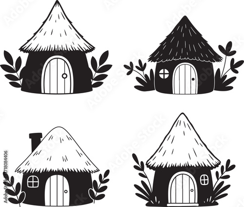 Four hand drawn rustic fantasy cottage silhouettes with thatched roofs and foliage