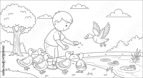 Caring Cartoon Boy Feeding Ducks in a Peaceful Park Pond, Outdoor Scene with Trees and Clouds