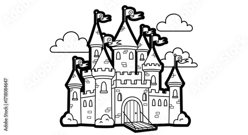 Majestic Fairytale Castle with Towers and Flags Under Clouds, Isolated White Background