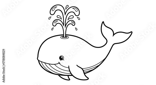 Happy Cartoon Whale Spouting Water from its Blowhole in the Ocean, Isolated White Background