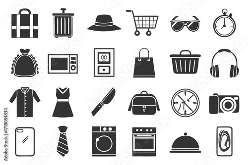 Collection of black and white icons representing everyday objects