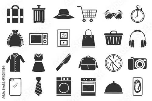 Collection of Black and White Icons Representing Various Objects