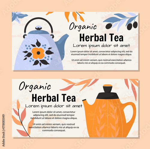 Herbal tea. Organic drink. Hot kettle. Ceramic teapot. Tableware for aroma morning beverage. Traditional natural relaxing flavor. Antioxidant plant leaves. Vector teatime banners set