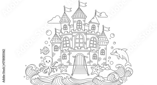 Magical Fairytale Sandcastle with Ocean Creatures and Waves on the Beach