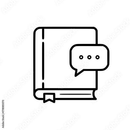 Outline icon of a book with speech bubble representing conversation  