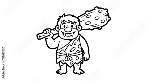 Strong Caveman Holding a Club Standing on an Isolated White Background