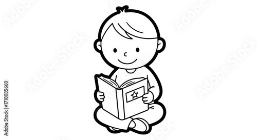 Young Boy Happily Reading a Book While Sitting Cross-Legged on Isolated White Background