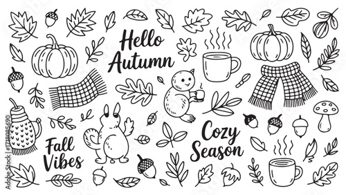 Autumn doodles including pumpkins leaves acorns a squirrel warm drinks and cozy scarves representing the fall season and cozy vibes