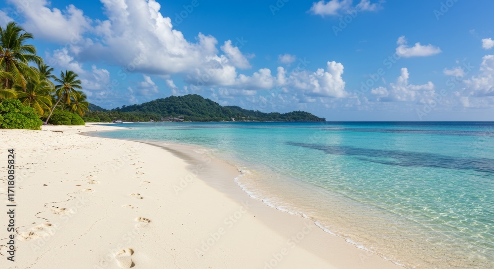 Fototapeta premium Pristine Tropical Beach with White Sand, Footprints in Sand, Turquoise Water, and Lush Island under Blue Sky