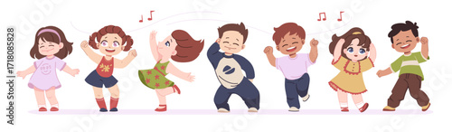 Kid dance. Happy children music party, child boy or girls characters in active poses. Cute little smiling toddlers in kindergarten. Concert or show vector cartoon flat style isolated set