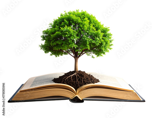 Front Close-Up of Tiny Green Tree Emerging from Open Book on Wooden Tabletop, Transparent Background