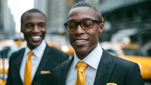 Colleagues in formal attire walking and chatting through Manhattan, yellow cabs and city energy in the background Manhattan business walk