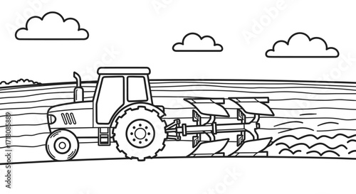 Farm Tractor Plowing a Field with Fresh Furrows in the Countryside on Isolated White Background