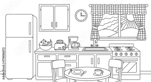 Detailed Cartoon Kitchen Interior with Appliances and Dining Area, Homely Scene