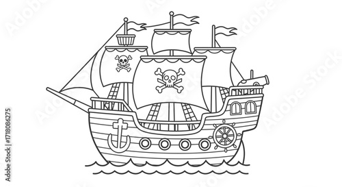 Classic Cartoon Pirate Ship Sailing on Ocean Waves, Skull Flag, Adventure Concept
