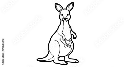 Cute Kangaroo Carrying a Baby Joey in Pouch, Isolated White Background, Happy Wild Animal
