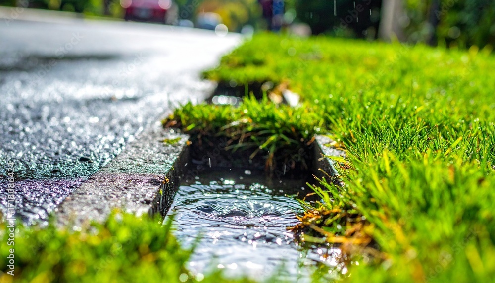 Fototapeta premium Rainwater flowing through curbside drain lush green grass.