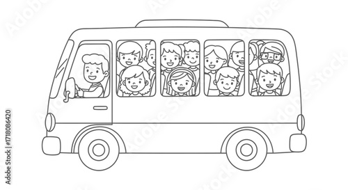 Happy children riding inside a school bus, looking out the windows, isolated white background.