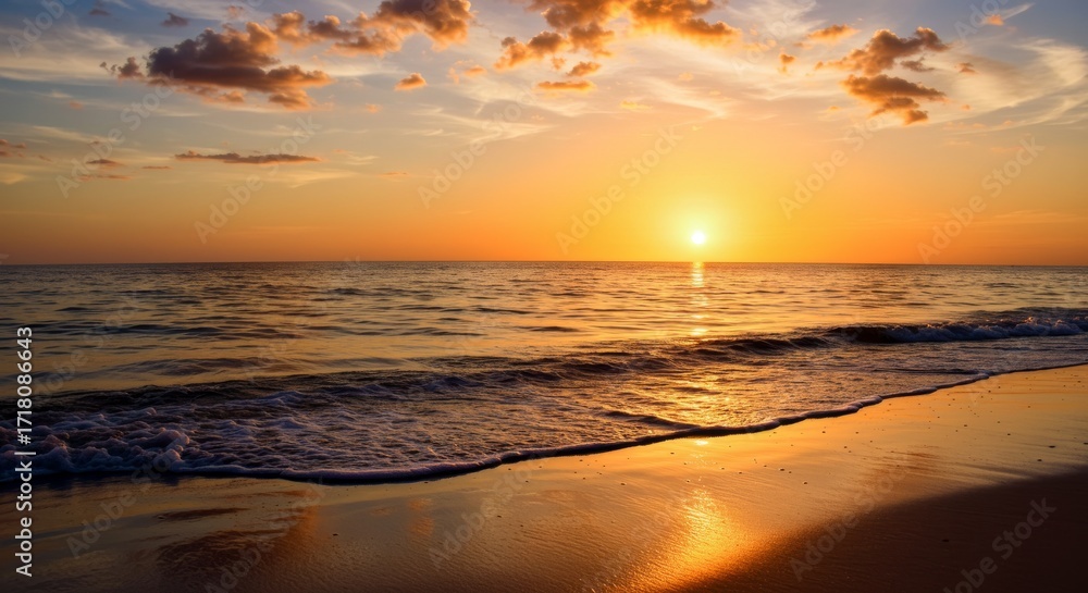 Fototapeta premium Sunset over Reflective Wet Sand with Foamy Waves and Vibrant Sky Hues