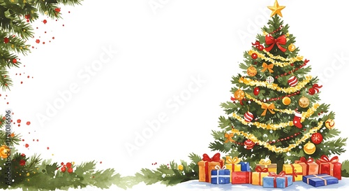 Christmas tree with gift boxes under it. Watercolor winter holiday background for greeting card and seasonal design. New Year celebration.