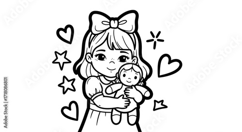 Cute Young Girl Happily Holding Her Doll with Hearts and Stars Around, Childhood Playtime for Coloring Book, isolated white background.