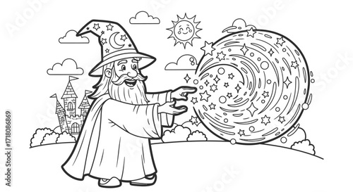 Powerful Wizard Casting a Magic Spell with a Glowing Orb in a Fantasy Landscape, Fairytale Theme for Coloring Book.