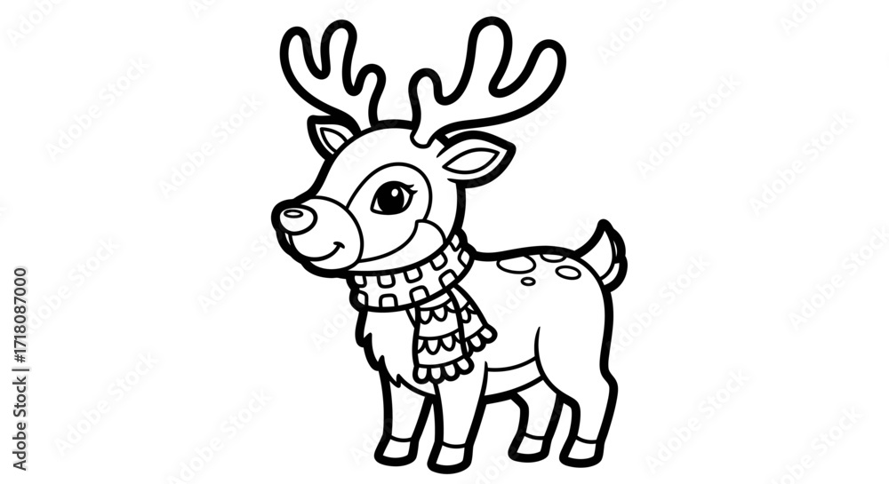 Fototapeta premium Cute Cartoon Reindeer Wearing a Winter Scarf, Isolated White Background, Festive Holiday Animal Illustration