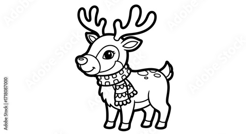 Cute Cartoon Reindeer Wearing a Winter Scarf, Isolated White Background, Festive Holiday Animal Illustration