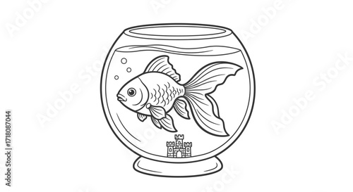 Goldfish Swimming Peacefully in a Round Fishbowl, Isolated White Background, Pet Animal Illustration
