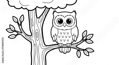Cute Owl Perched on a Tree Branch, Isolated White Background, Wise Forest Animal Illustration