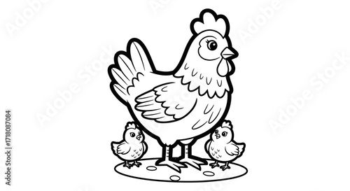 Mother Hen with Two Cute Chicks Standing Together, Isolated White Background, Farm Animals Illustration