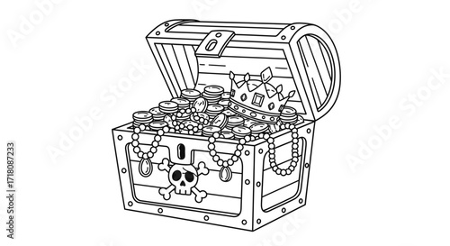 Open Treasure Chest Filled with Gold Coins, Jewels, and a Pirate Skull on an Isolated White Background