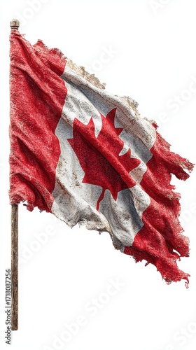 Worn Canadian flag waving against a plain background in a display of patriotism and heritage