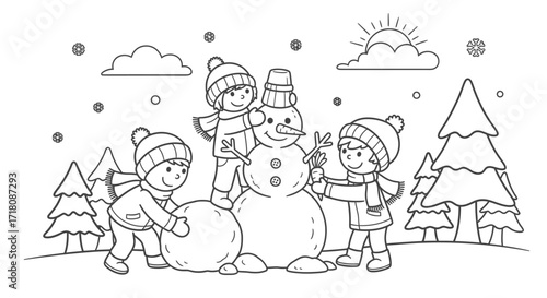 Happy Children Building a Snowman in a Joyful Snowy Winter Landscape