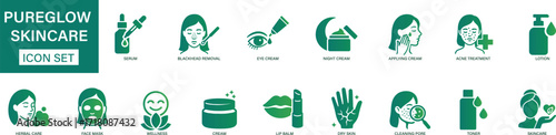 Pure Glow Skincare Icon Set. 30 solid fill vector icons for beauty, cosmetics, facial care, lotion, serum, spa, and wellness. Perfect for skincare brands, packaging, apps, and online shops.