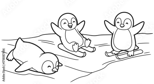 Playful Penguins Sliding and Standing Happily in a Snowy Environment, Cute Antarctic Animals.