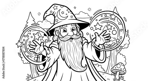 Powerful Wizard Casting a Magical Spell with Glowing Hands in a Fantasy Forest, Coloring Page
