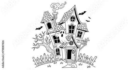 Spooky Haunted House with Bats Flying Under a Moonlit Sky, Halloween Theme, Coloring Page