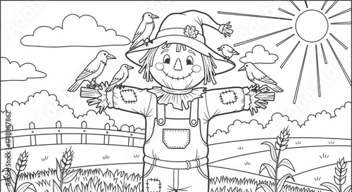 Friendly Scarecrow in a Sunny Field with Birds on Its Arms, Rural Landscape, Coloring Page