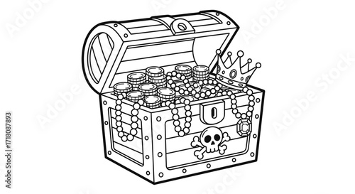Open Treasure Chest Full of Gold Coins, Pearls, and a Crown, Isolated White Background, Coloring Page