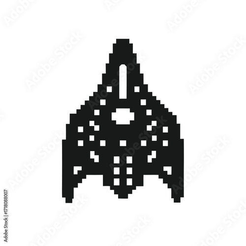 Pixelated Abstract Retro Spaceship on White Background in Minimalist Style