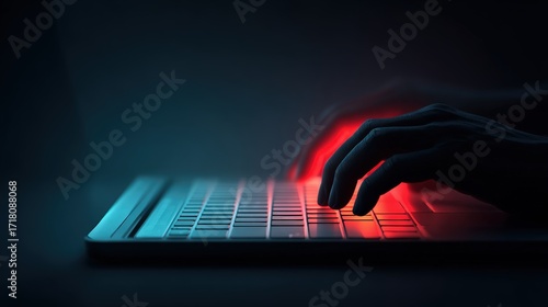 Human Hand Typing on Backlit Computer Keyboard in Dark Environment with Red Light Effect
