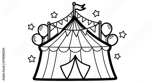 Festive red and white striped circus tent adorned with balloons and stars, ready for entertainment on an isolated white background.