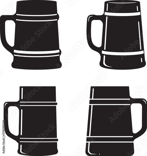 Four stylized black silhouettes of traditional beer mugs with handles silhouette